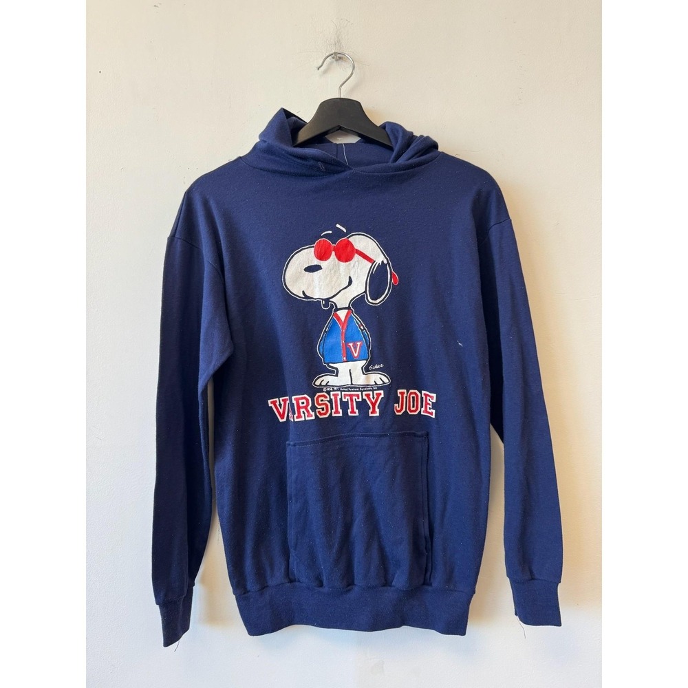 Vintage Snoopy Varsity Joe Hoodie Shirt Mens Medium Blue Graphic Made USA 80s